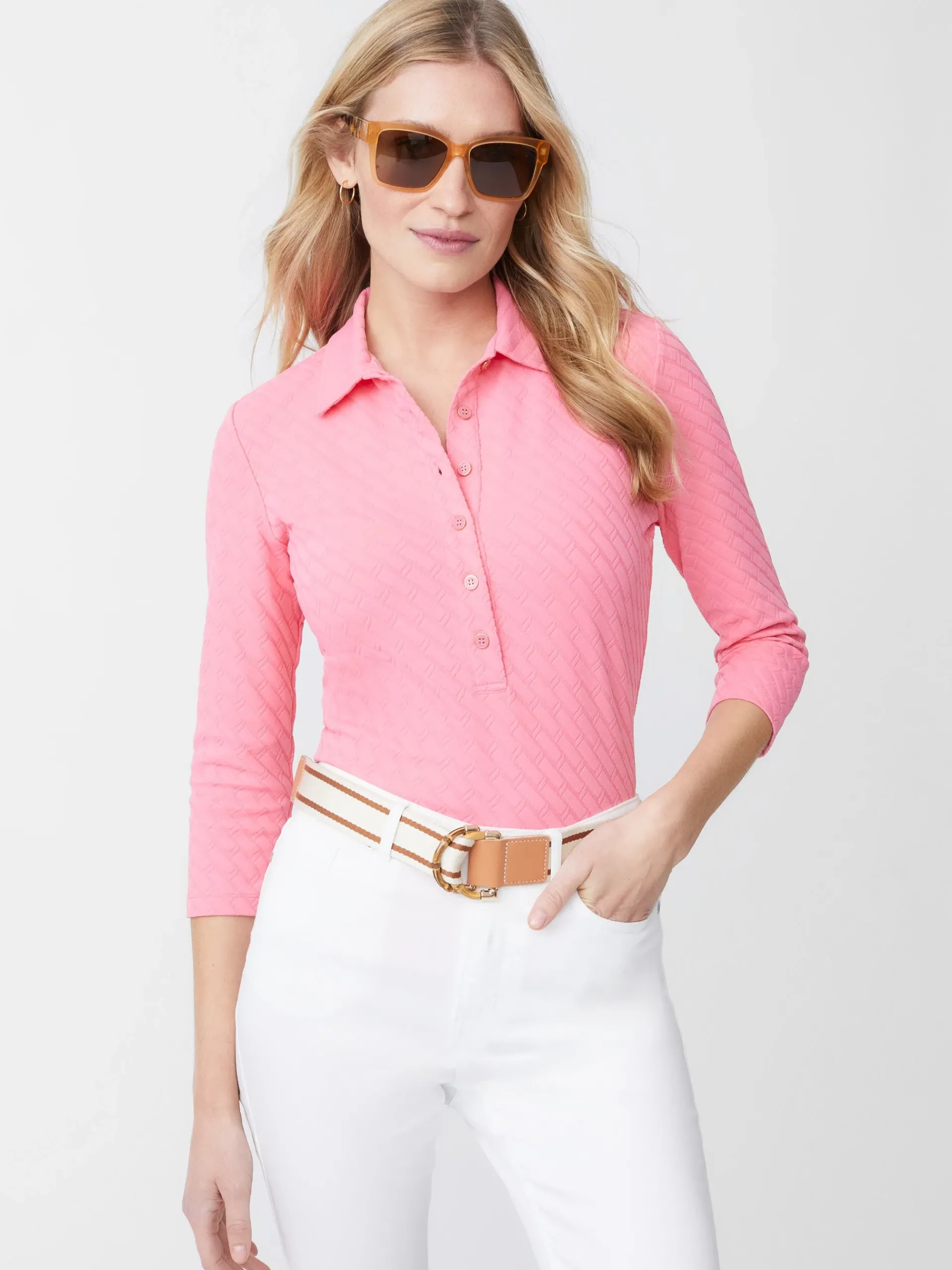 J.McLaughlin Court 3/4 Sleeve Polo In Fernwood Geo Jacquard-Women Tops