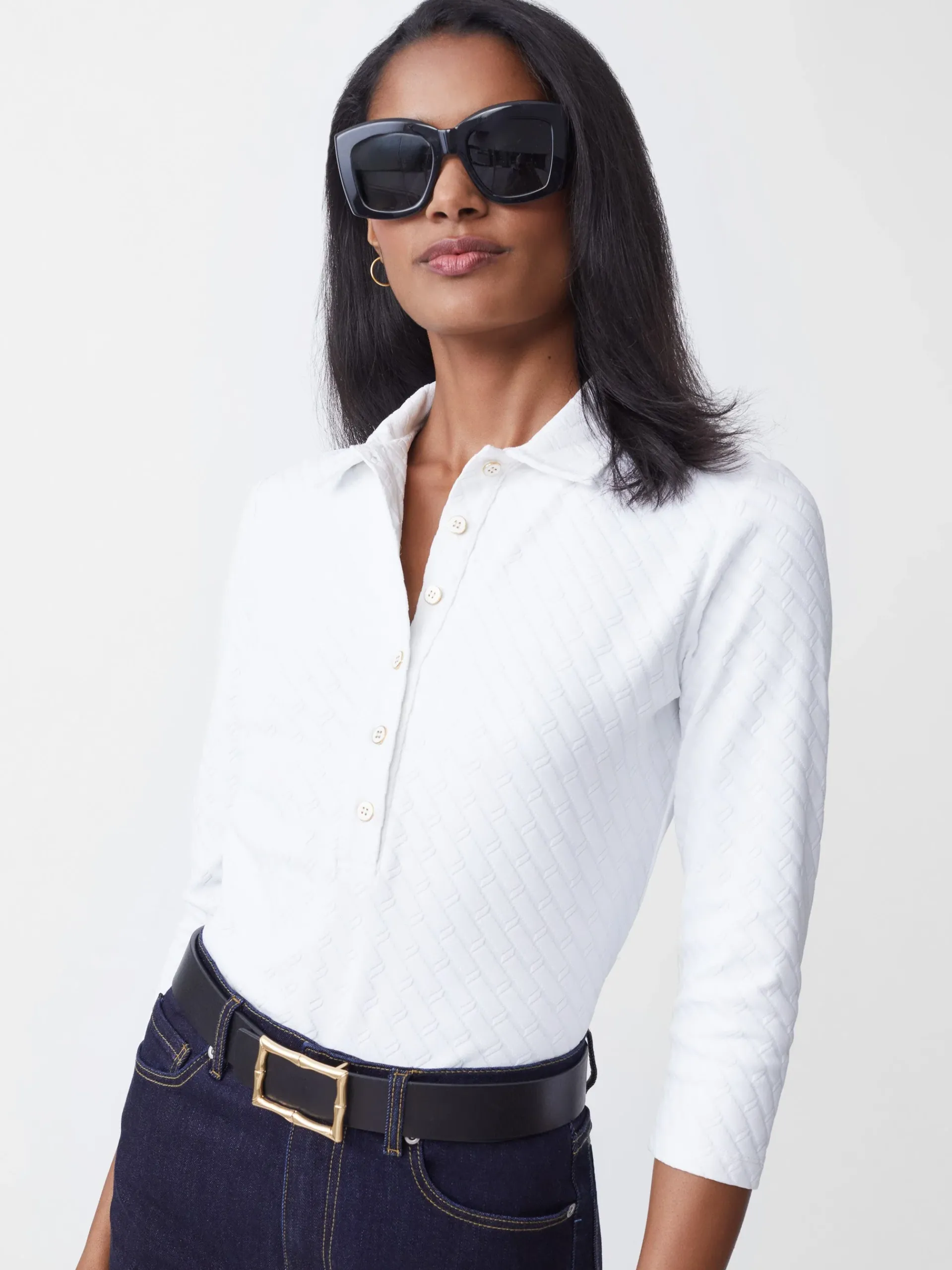 J.McLaughlin Court 3/4 Sleeve Polo In Fernwood Geo Jacquard-Women Tops