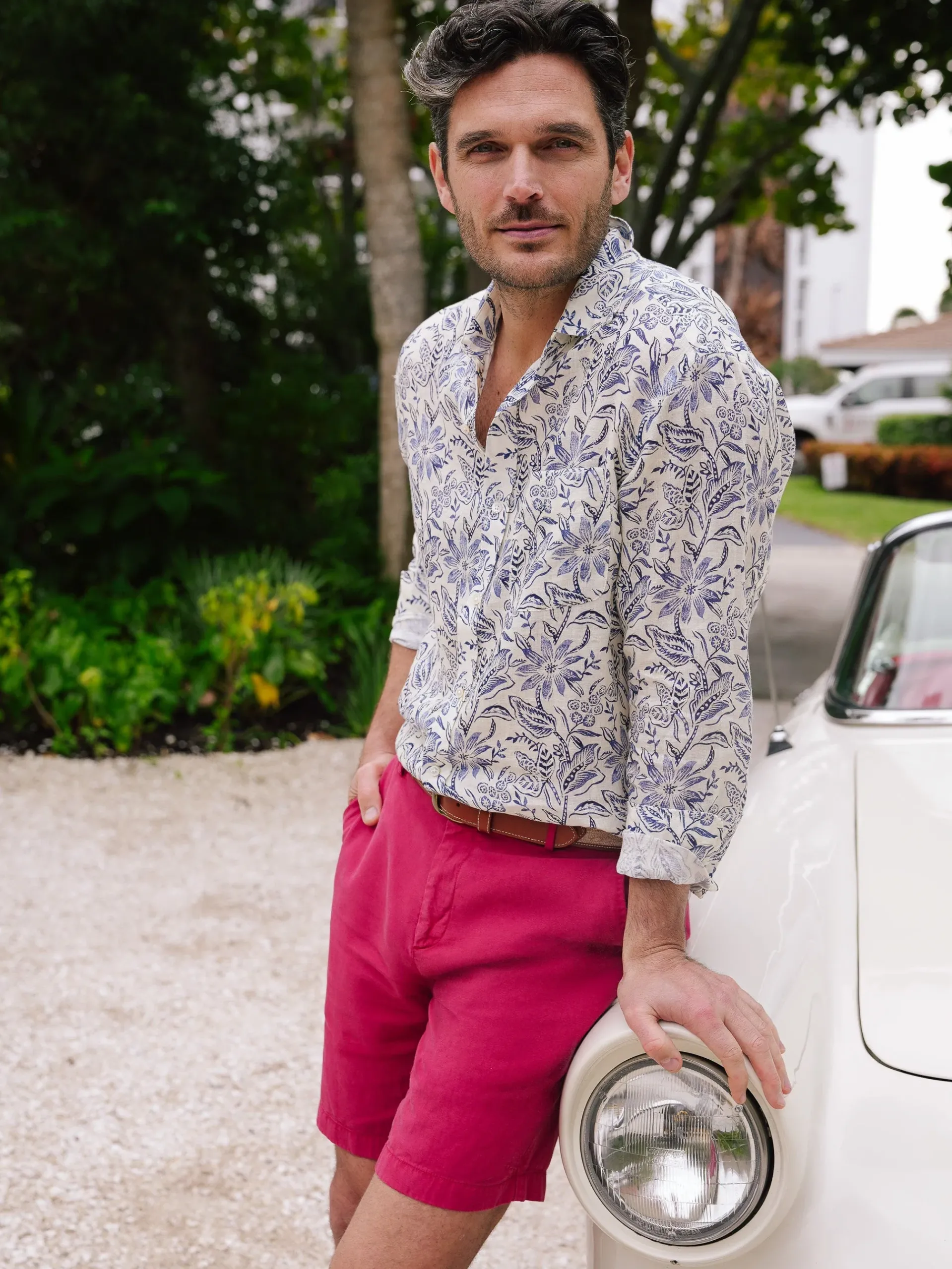 J.McLaughlin Gramercy Classic Fit Linen Shirt In Indigo Flora- Shirts