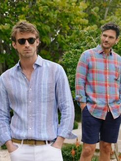 J.McLaughlin Gramercy Classic Fit Linen Shirt In Multi Stripe- Shirts